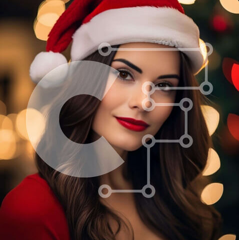 Intra Συλλεκτικό Ξύλινο Παζλ Plywood  4mm - Γυναίκα με καπέλο Άγιου Βασίλη που ποζάρει μπροστά από το χριστουγεννιάτικο δέντρο Σε Ξύλινο Κουτί - Διαστάσεις: 10x10 cm – 25 κομμάτια - Image 1