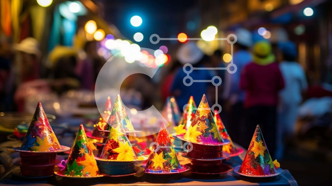 Intra Συλλεκτικό Ξύλινο Παζλ Plywood  4mm - Πολύχρωμα καπέλα για πάρτι σε μια ζωντανή νυχτερινή αγορά Σε Ξύλινο Κουτί - Διαστάσεις: 10x10 cm – 25 κομμάτια