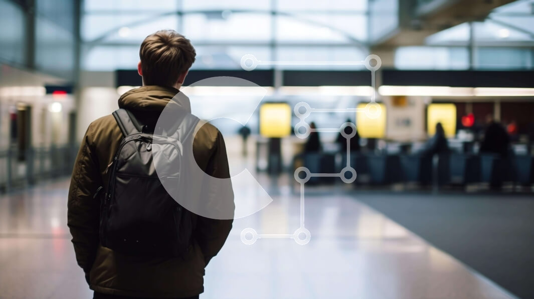 Intra Συλλεκτικό Ξύλινο Παζλ Plywood  4mm - Άνδρας που περιμένει στον τερματικό σταθμό του αεροδρομίου με το σακίδιο Σε Ξύλινο Κουτί - Διαστάσεις Puzzle: 10x10 cm – 25 κομμάτια