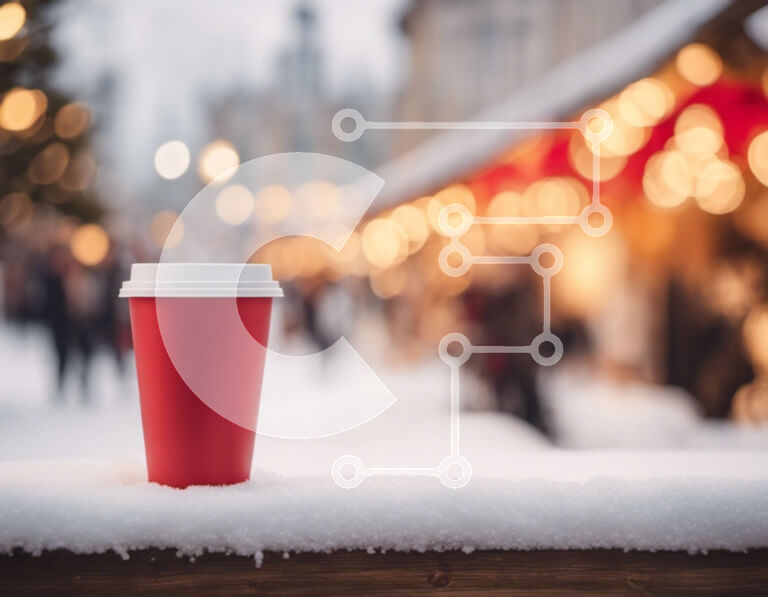 Intra Συλλεκτικό Ξύλινο Παζλ Plywood  4mm - Κόκκινο φλιτζάνι καφέ σε χιονισμένο κιγκλίδωμα σε αστικό περιβάλλον Σε Ξύλινο Κουτί - Διαστάσεις Puzzle: 10x10 cm – 25 κομμάτια