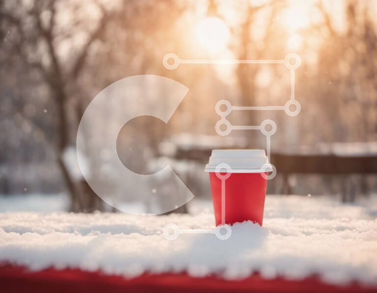 Intra Συλλεκτικό Ξύλινο Παζλ Plywood  4mm - Κόκκινο φλιτζάνι καφέ στο χιονισμένο έδαφος Σε Ξύλινο Κουτί - Διαστάσεις Puzzle: 10x10 cm – 25 κομμάτια