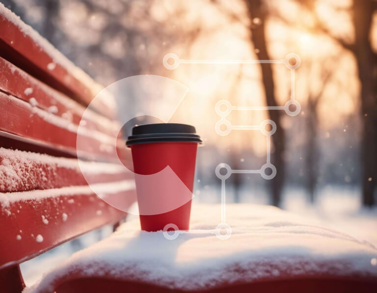 Intra Συλλεκτικό Ξύλινο Παζλ Plywood  4mm - Κόκκινο φλιτζάνι καφέ σε χιονισμένο πάγκο Σε Ξύλινο Κουτί - Διαστάσεις Puzzle: 10x10 cm – 25 κομμάτια