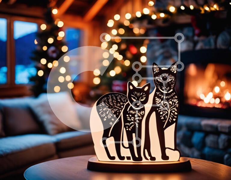 Intra Συλλεκτικό Ξύλινο Παζλ Plywood  4mm - Επιτραπέζιο φωτιστικό με σιλουέτες γάτας και χριστουγεννιάτικα στολίδια Σε Ξύλινο Κουτί - Διαστάσεις Puzzle: 10x10 cm – 25 κομμάτια