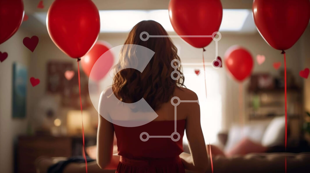 Intra Συλλεκτικό Ξύλινο Παζλ Plywood  4mm - Γυναίκα με κόκκινα μπαλόνια σε σχήμα καρδιάς την ημέρα του Αγίου Βαλεντίνου Σε Ξύλινο Κουτί - Διαστάσεις: 10x10 cm – 25 κομμάτια