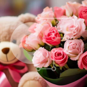 Intra Συλλεκτικό Ξύλινο Παζλ Plywood  4mm - Αρκουδάκι με ροζ και λευκά τριαντάφυλλα Σε Ξύλινο Κουτί - Διαστάσεις Puzzle: 10x10 cm – 25 κομμάτια - Image 1