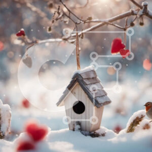 Intra Συλλεκτικό Ξύλινο Παζλ Plywood  4mm - Birdhouse στο χιόνι με κόκκινες καρδιές Σε Ξύλινο Κουτί - Διαστάσεις: 10x10 cm – 25 κομμάτια