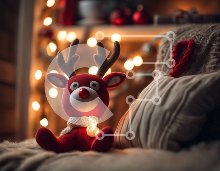 Intra Συλλεκτικό Ξύλινο Παζλ Plywood  4mm - Κόκκινοι τάρανδοι γεμιστό ζώο σε διακοσμημένο μαξιλάρι Σε Ξύλινο Κουτί - Διαστάσεις: 10x10 cm – 25 κομμάτια