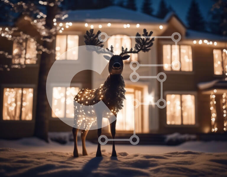 Intra Συλλεκτικό Ξύλινο Παζλ Plywood  4mm - Άγαλμα ελαφιών μπροστά από το φωτισμένο σπίτι τη νύχτα Σε Ξύλινο Κουτί - Διαστάσεις: 10x10 cm – 25 κομμάτια