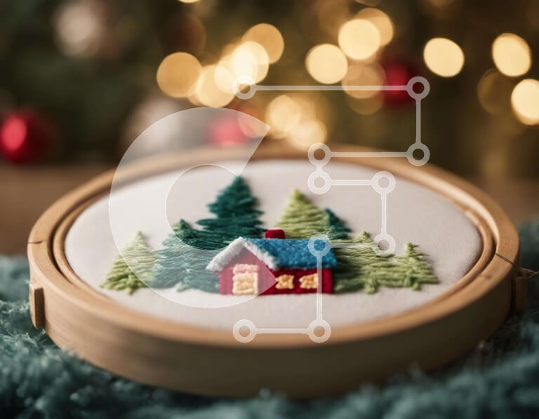 Intra Συλλεκτικό Ξύλινο Παζλ Plywood  4mm - Διακόσμηση με τσέρκι με κέντημα με σπίτι, δέντρα και νιφάδες χιονιού Σε Ξύλινο Κουτί - Διαστάσεις: 10x10 cm – 25 κομμάτια