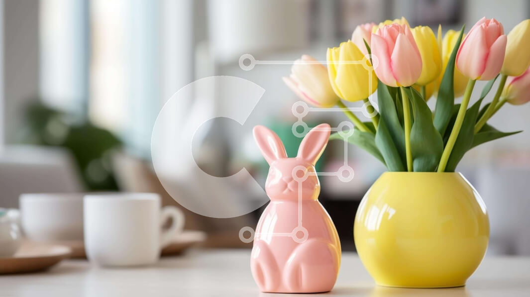 Intra Συλλεκτικό Ξύλινο Παζλ Plywood  4mm - Τραπέζι με θέμα το Πάσχα με βάζο σε σχήμα κουνελάκι και τουλίπες Σε Ξύλινο Κουτί - Διαστάσεις Puzzle: 10x10 cm – 25 κομμάτια