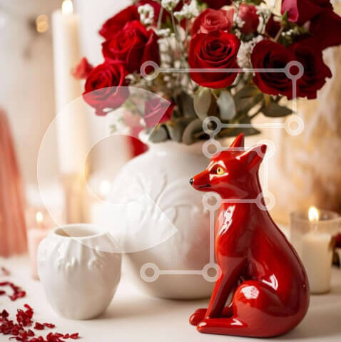 Intra Συλλεκτικό Ξύλινο Παζλ Plywood  4mm - Ρομαντική γιορτή του Αγίου Βαλεντίνου με ειδώλιο κόκκινης αλεπούς και τριαντάφυλλα Σε Ξύλινο Κουτί - Διαστάσεις: 10x10 cm – 25 κομμάτια - Image 1