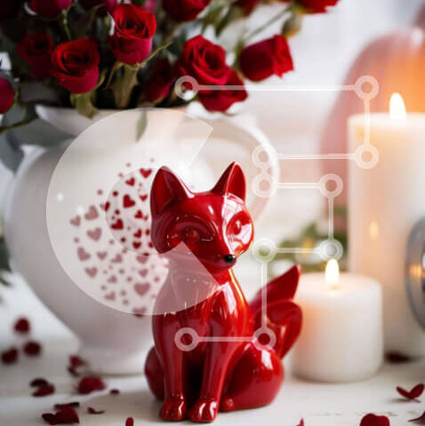 Intra Συλλεκτικό Ξύλινο Παζλ Plywood  4mm - Γιορτή του Αγίου Βαλεντίνου με ειδώλιο κόκκινης αλεπούς και τριαντάφυλλα Σε Ξύλινο Κουτί - Διαστάσεις: 10x10 cm – 25 κομμάτια - Image 1