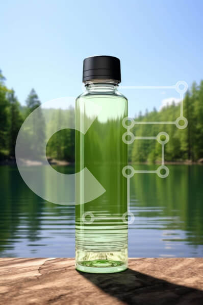 Intra Συλλεκτικό Ξύλινο Παζλ Plywood  4mm - Πράσινο μπουκάλι υγρού σε εξωτερικό ξύλινο τραπέζι με δέντρα Σε Ξύλινο Κουτί - Διαστάσεις: 10x10 cm – 25 κομμάτια