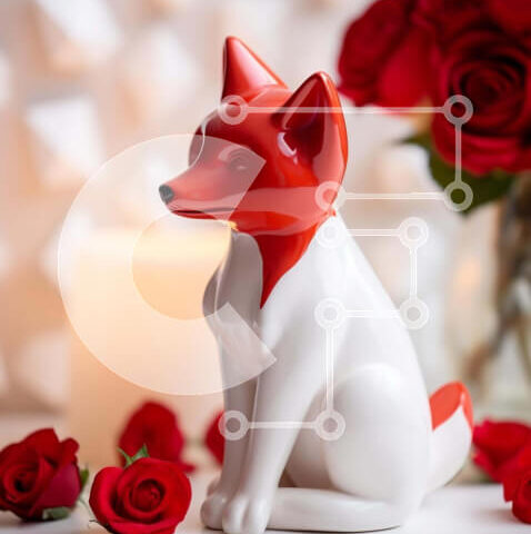 Intra Συλλεκτικό Ξύλινο Παζλ Plywood  4mm - Κόκκινο και άσπρο ειδώλιο αλεπούς με τριαντάφυλλα Σε Ξύλινο Κουτί - Διαστάσεις: 10x10 cm – 25 κομμάτια - Image 1