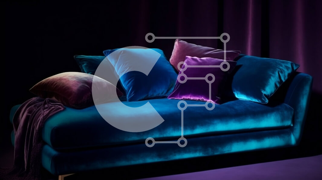 Intra Συλλεκτικό Ξύλινο Παζλ Plywood  4mm - Κομψός μπλε βελούδινος καναπές με μωβ και μπλε μαξιλάρια και σκούρα μωβ κουρτίνα Σε Ξύλινο Κουτί - Διαστάσεις Puzzle: 10x10 cm – 25 κομμάτια