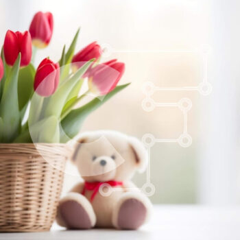 Intra Συλλεκτικό Ξύλινο Παζλ Plywood  4mm - Αρκουδάκι και κόκκινες τουλίπες στο καλάθι Σε Ξύλινο Κουτί - Διαστάσεις Puzzle: 10x10 cm – 25 κομμάτια - Image 1