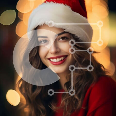 Intra Συλλεκτικό Ξύλινο Παζλ Plywood 4mm - Χαμογελαστή γυναίκα με καπέλο Άγιου Βασίλη με πολύχρωμα φώτα Σε Ξύλινο Κουτί - Διαστάσεις: 10x10 cm – 25 κομμάτια - Image 1