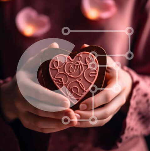 Intra Συλλεκτικό Ξύλινο Παζλ Plywood  4mm - Γυναίκα που κρατά μπάρα σοκολάτας σε σχήμα καρδιάς με κόκκινα τριαντάφυλλα Σε Ξύλινο Κουτί - Διαστάσεις Puzzle: 10x10 cm – 25 κομμάτια - Image 1