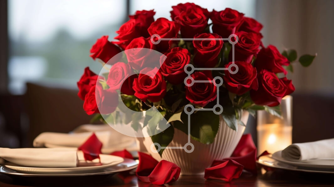 Intra Συλλεκτικό Ξύλινο Παζλ Plywood  4mm - Κομψή τραπεζαρία με κόκκινα τριαντάφυλλα Σε Ξύλινο Κουτί - Διαστάσεις Puzzle: 10x10 cm – 25 κομμάτια