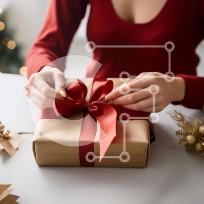 Intra Συλλεκτικό Ξύλινο Παζλ Plywood  4mm - Γυναίκα που τυλίγει το χριστουγεννιάτικο δώρο με την κόκκινη κορδέλα Σε Ξύλινο Κουτί - Διαστάσεις: 10x10 cm – 25 κομμάτια - Image 1