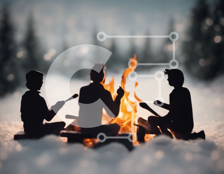 Intra Συλλεκτικό Ξύλινο Παζλ Plywood  4mm - Σιλουέτα ανθρώπων που απολαμβάνουν τη φωτιά στο χιόνι Σε Ξύλινο Κουτί - Διαστάσεις: 10x10 cm – 25 κομμάτια