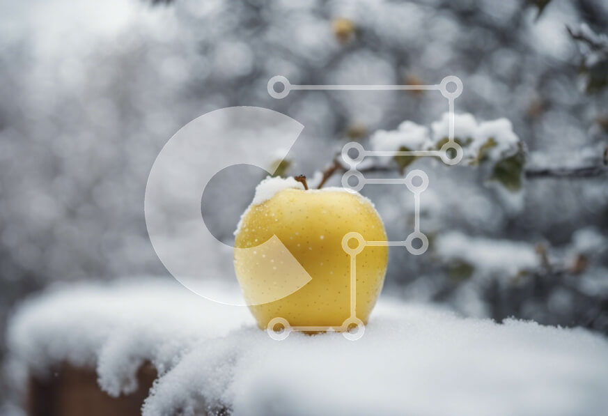 Intra Συλλεκτικό Ξύλινο Παζλ Plywood  4mm - Κίτρινο μήλο στον χιονισμένο φράκτη Σε Ξύλινο Κουτί - Διαστάσεις: 10x10 cm – 25 κομμάτια