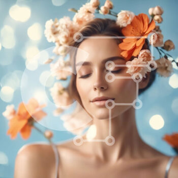 Intra Συλλεκτικό Ξύλινο Παζλ Plywood  4mm - Όμορφη γυναίκα με λουλούδια στα μαλλιά της σε αφηρημένο μπλε φόντο Σε Ξύλινο Κουτί - Διαστάσεις Puzzle: 10x10 cm – 25 κομμάτια - Image 1