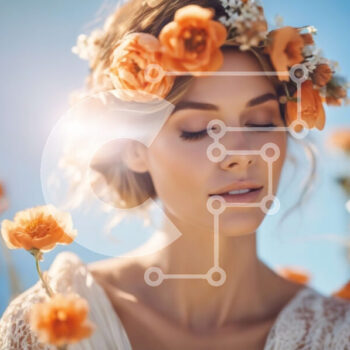 Intra Συλλεκτικό Ξύλινο Παζλ Plywood  4mm - Νεαρή γυναίκα στον τομέα των λουλουδιών φορώντας πορτοκαλί στέμμα λουλουδιών Σε Ξύλινο Κουτί - Διαστάσεις Puzzle: 10x10 cm – 25 κομμάτια - Image 1