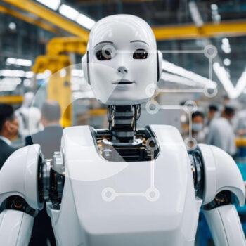 Intra Συλλεκτικό Ξύλινο Παζλ Plywood  4mm - Λευκό ρομπότ σε μια γραμμή συναρμολόγησης με ανθρώπους Σε Ξύλινο Κουτί - Διαστάσεις Puzzle: 10x10 cm – 25 κομμάτια - Image 1