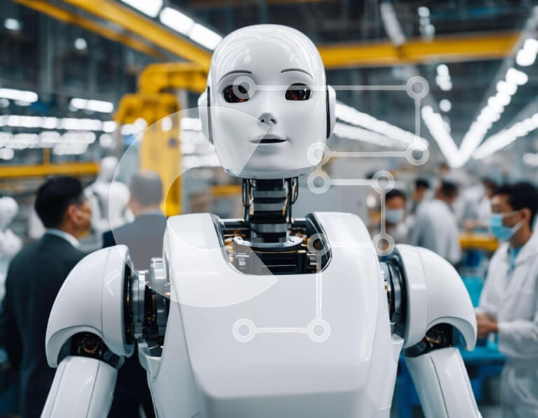 Intra Συλλεκτικό Ξύλινο Παζλ Plywood  4mm - Λευκό ρομπότ σε μια γραμμή συναρμολόγησης με ανθρώπους Σε Ξύλινο Κουτί - Διαστάσεις Puzzle: 10x10 cm – 25 κομμάτια