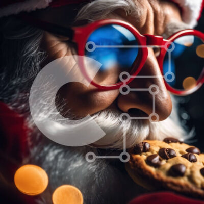 Intra Συλλεκτικό Ξύλινο Παζλ Plywood 4mm - Χαμογελαστός Άγιος Βασίλης με κόκκινα και άσπρα ποτήρια που κρατά το μπισκότο Oreo Σε Ξύλινο Κουτί - Διαστάσεις: 10x10 cm – 25 κομμάτια - Image 1