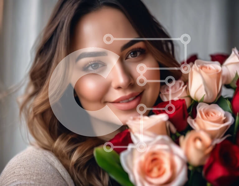 Intra Συλλεκτικό Ξύλινο Παζλ Plywood  4mm - Ευτυχισμένη γυναίκα που κρατά ένα μπουκέτο με τριαντάφυλλα Σε Ξύλινο Κουτί - Διαστάσεις Puzzle: 10x10 cm – 25 κομμάτια