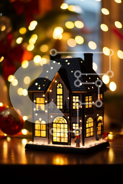 Intra Συλλεκτικό Ξύλινο Παζλ Plywood  4mm - Εορταστικό σπίτι μινιατούρα με φώτα LED Σε Ξύλινο Κουτί - Διαστάσεις: 10x10 cm – 25 κομμάτια