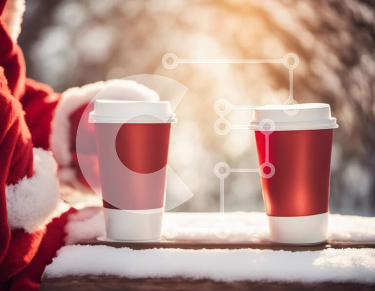 Intra Συλλεκτικό Ξύλινο Παζλ Plywood  4mm - Δύο κόκκινα φλιτζάνια καφέ σε έναν χιονισμένο ξύλινο πάγκο Σε Ξύλινο Κουτί - Διαστάσεις Puzzle: 10x10 cm – 25 κομμάτια