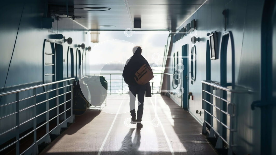 Intra Συλλεκτικό Ξύλινο Παζλ Plywood  4mm - Άτομο που περπατά στο διάδρομο μιας υπαίθριας βάρκας Σε Ξύλινο Κουτί - Διαστάσεις Puzzle: 10x10 cm – 25 κομμάτια