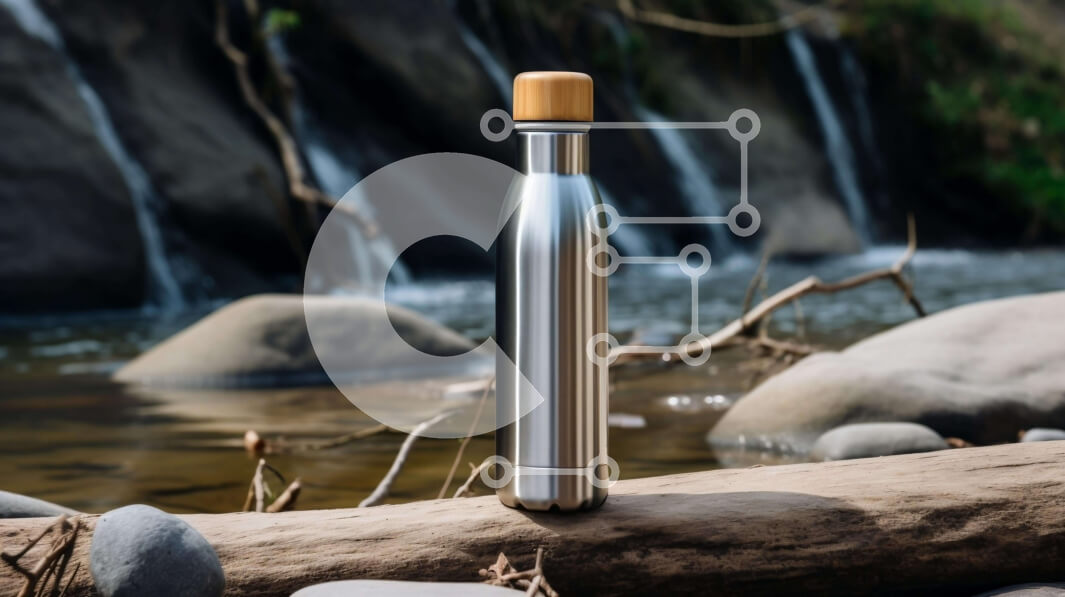 Intra Συλλεκτικό Ξύλινο Παζλ Plywood  4mm - Μπουκάλι νερού από ανοξείδωτο ατσάλι δίπλα σε καταρράκτη Σε Ξύλινο Κουτί - Διαστάσεις: 10x10 cm – 25 κομμάτια