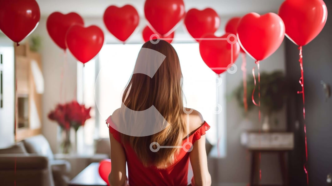 Intra Συλλεκτικό Ξύλινο Παζλ Plywood  4mm - Γυναίκα με μπαλόνια σε σχήμα καρδιάς στο διακοσμημένο δωμάτιο του Αγίου Βαλεντίνου Σε Ξύλινο Κουτί - Διαστάσεις: 10x10 cm – 25 κομμάτια