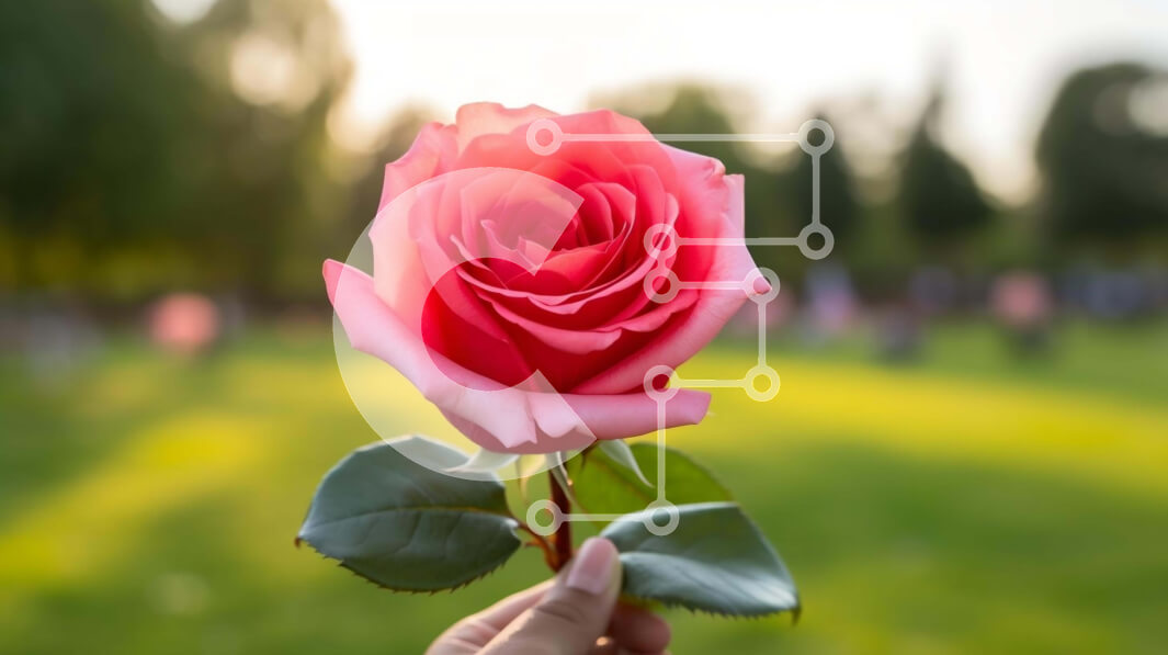 Intra Συλλεκτικό Ξύλινο Παζλ Plywood  4mm - Ροζ τριαντάφυλλο στο χέρι με φόντο πράσινο τοπίο Σε Ξύλινο Κουτί - Διαστάσεις: 10x10 cm – 25 κομμάτια