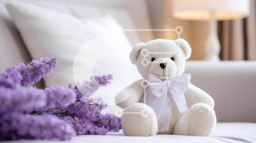 Intra Συλλεκτικό Ξύλινο Παζλ Plywood  4mm - Λευκό αρκουδάκι και μωβ λουλούδια στο δωμάτιο Σε Ξύλινο Κουτί - Διαστάσεις Puzzle: 10x10 cm – 25 κομμάτια