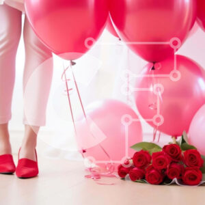 Intra Συλλεκτικό Ξύλινο Παζλ Plywood  4mm - Γυναίκα με κόκκινα ψηλοτάκουνα με ροζ μπαλόνια και τριαντάφυλλα Σε Ξύλινο Κουτί - Διαστάσεις Puzzle: 10x10 cm – 25 κομμάτια