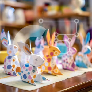 Intra Συλλεκτικό Ξύλινο Παζλ Plywood  4mm - Πολύχρωμα πασχαλινά κουνέλια Origami στο τραπέζι Σε Ξύλινο Κουτί - Διαστάσεις: 10x10 cm – 25 κομμάτια