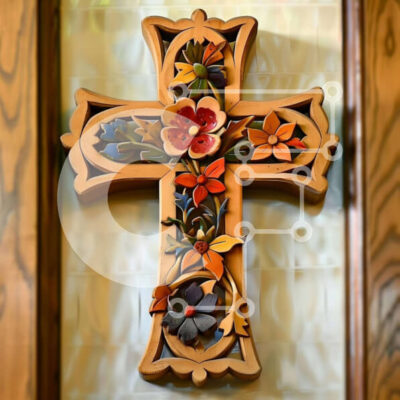 Intra Συλλεκτικό Ξύλινο Παζλ Plywood  4mm - Πολύχρωμος Ξύλινος Σταυρός διακοσμημένος με λουλούδια Σε Ξύλινο Κουτί - Διαστάσεις Puzzle: 10x10 cm – 25 κομμάτια - Image 1