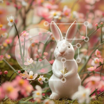 Intra Συλλεκτικό Ξύλινο Παζλ Plywood  4mm - Λευκό ειδώλιο λαγουδάκι ανάμεσα σε ροζ λουλούδια Σε Ξύλινο Κουτί - Διαστάσεις: 10x10 cm – 25 κομμάτια - Image 1