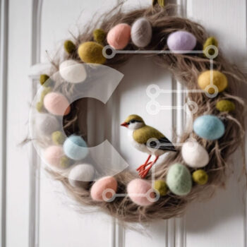 Intra Συλλεκτικό Ξύλινο Παζλ Plywood  4mm - Πολύχρωμο στεφάνι από τσόχινο πασχαλινό αυγό στην μπροστινή πόρτα με πουλί Σε Ξύλινο Κουτί - Διαστάσεις Puzzle: 10x10 cm – 25 κομμάτια - Image 1