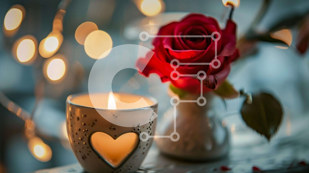 Intra Συλλεκτικό Ξύλινο Παζλ Plywood  4mm - Κόκκινο τριαντάφυλλο, κερί και κερί σε σχήμα καρδιάς στο τραπέζι με φώτα Σε Ξύλινο Κουτί - Διαστάσεις Puzzle: 10x10 cm – 25 κομμάτια