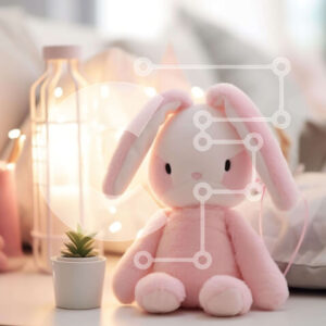 Intra Συλλεκτικό Ξύλινο Παζλ Plywood  4mm - Ροζ λαγουδάκι γεμιστό ζώο σε λευκό τραπέζι Σε Ξύλινο Κουτί - Διαστάσεις: 10x10 cm – 25 κομμάτια