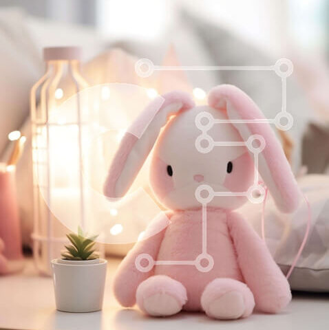 Intra Συλλεκτικό Ξύλινο Παζλ Plywood  4mm - Ροζ λαγουδάκι γεμιστό ζώο σε λευκό τραπέζι Σε Ξύλινο Κουτί - Διαστάσεις: 10x10 cm – 25 κομμάτια - Image 1