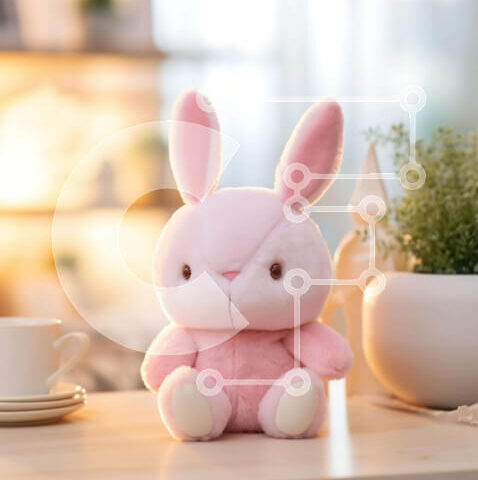 Intra Συλλεκτικό Ξύλινο Παζλ Plywood  4mm - Ροζ λαγουδάκι γεμιστό ζώο σε ξύλινο τραπέζι με φυτό σε γλάστρα Σε Ξύλινο Κουτί - Διαστάσεις: 10x10 cm – 25 κομμάτια - Image 1