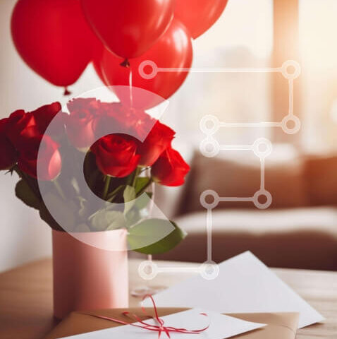 Intra Συλλεκτικό Ξύλινο Παζλ Plywood 4mm - Μπουκέτο του Αγίου Βαλεντίνου με κόκκινα τριαντάφυλλα, μπαλόνια και φάκελο Σε Ξύλινο Κουτί - Διαστάσεις: 10x10 cm – 25 κομμάτια - Image 1