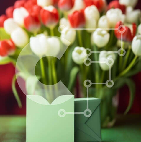 Intra Συλλεκτικό Ξύλινο Παζλ Plywood  4mm - Κόκκινες και άσπρες τουλίπες με φάκελο και πράσινο χαρτί Σε Ξύλινο Κουτί - Διαστάσεις Puzzle: 10x10 cm – 25 κομμάτια - Image 1